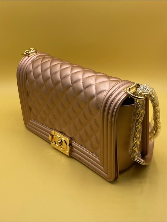 Handbags - Quilted Metallic Champagne Shoulder Bag with Gold Hardware